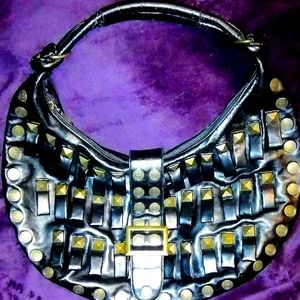 Large black leather purse with brass embellishments (Brand unknown)